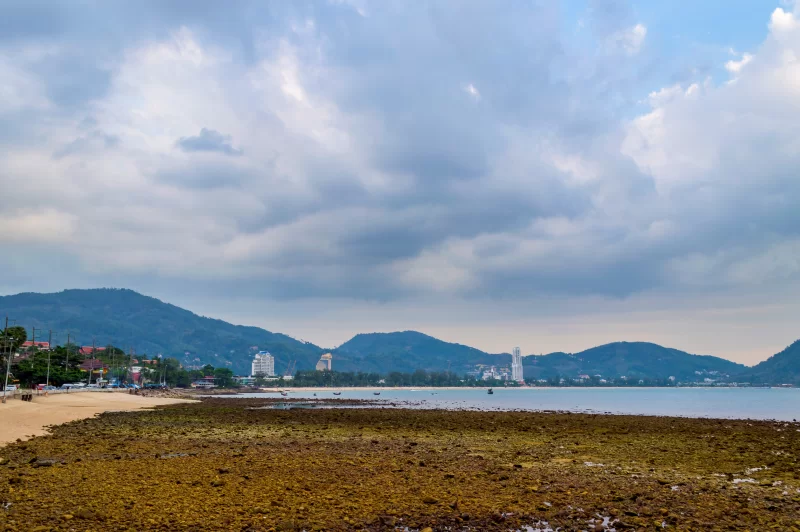 Панорамный вид на побережье с каменистым берегом и горами вдали