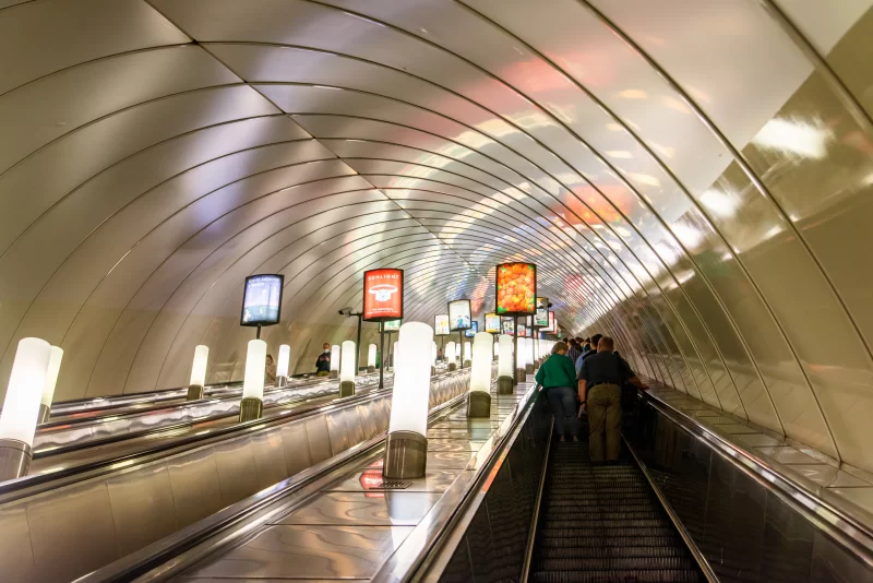 Metro or subway. Russian subway escalator
