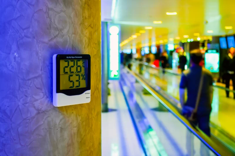 Цифровой гигрометр на стене в современном торговом центре