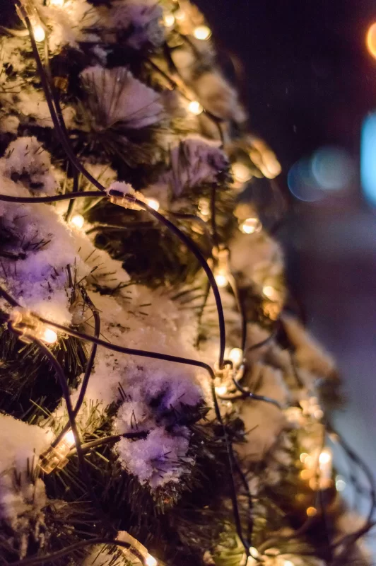 Снежная рождественская елка с тёплыми огнями