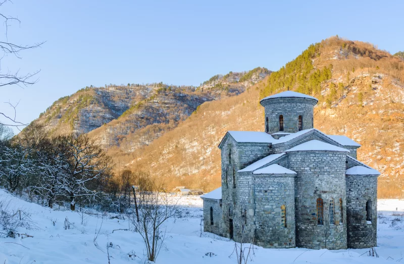 Ancient temple in snowy mountains