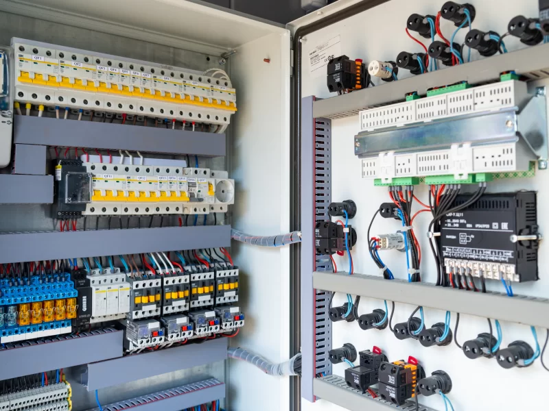 Современный электрический щит управления с автоматическими выключателями, реле и компонентами автоматизации