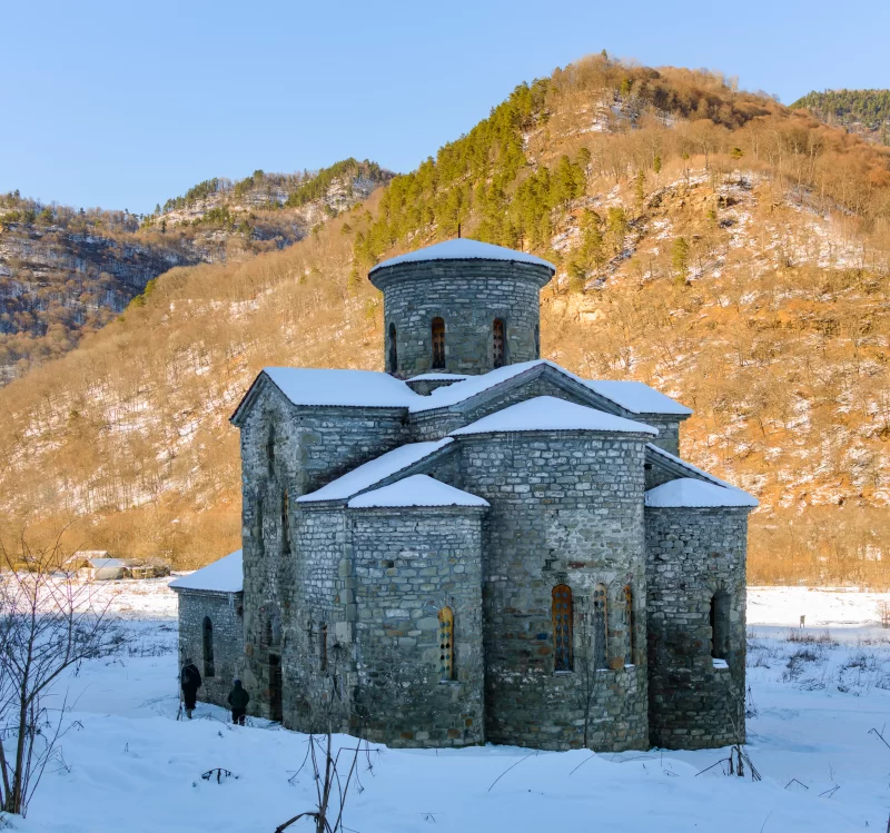 Ancient temple in snowy mountains