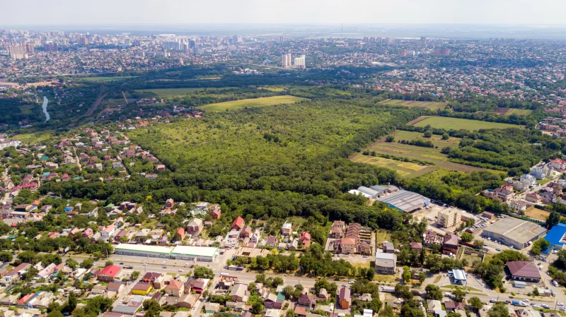 Aerial view of suburban houses in big city