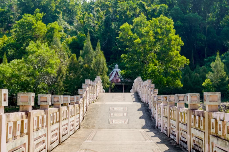 Старинный каменный мост через густой зеленый лес