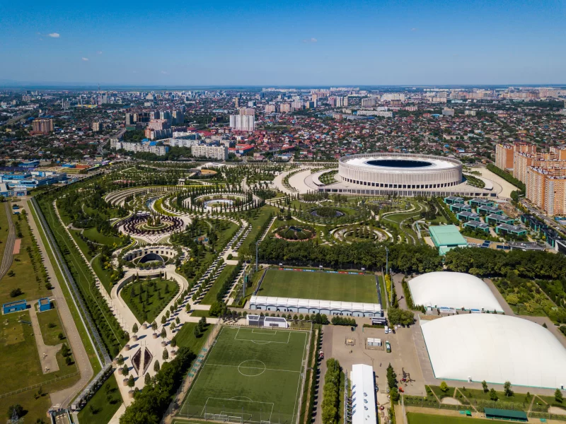 Panoramic aerial view of Krasnodar Stadium and park
