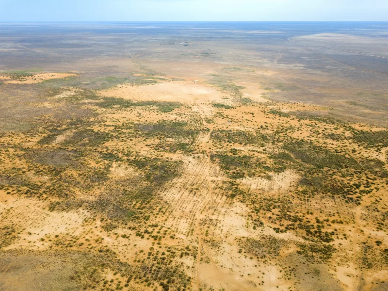 Бескрайняя равнина: вид с высоты птичьего полета на пустынные пейзажи с редкой растительностью