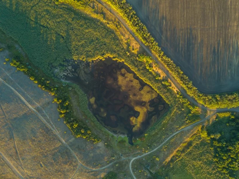 Умиротворяющий вид сверху: озеро, поля и тропы на закате