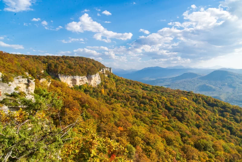Яркий осенний лес и скалы в Адыгее