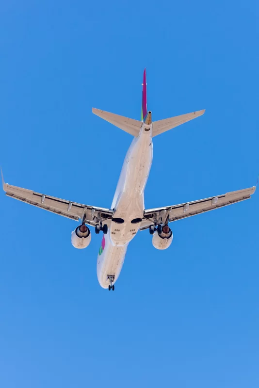 Белый самолет летит в чистом небе.