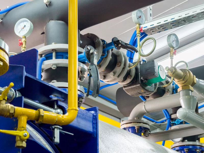 Промышленное оборудование: сложная система труб, клапанов и манометров