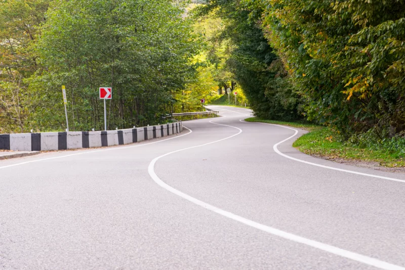 Поворотная дорога через зеленый лес в Адыгее