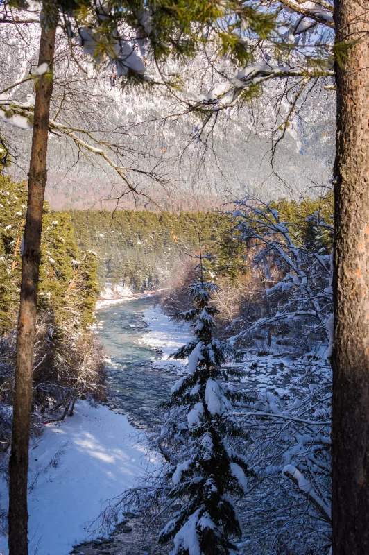 Зимний пейзаж: река, лес и снег
