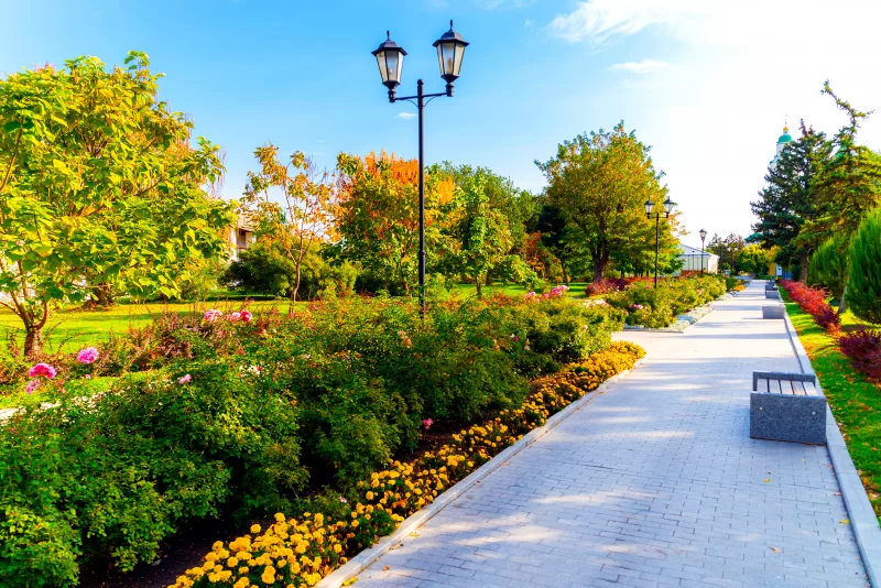 Пешеходная дорожка в городском саду осенью