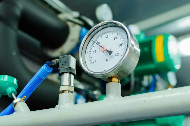 Детали промышленного оборудования: манометр и трубопровод