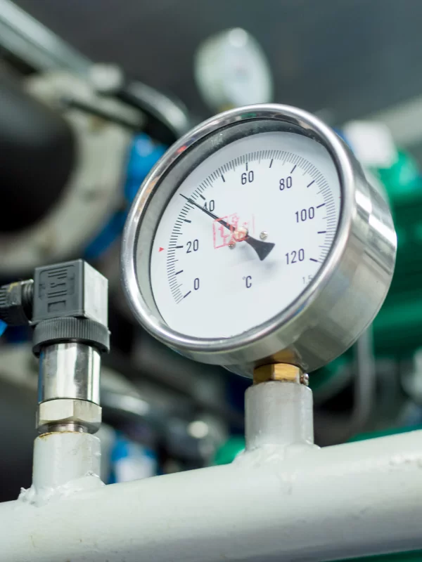 Промышленный манометр показывает температуру в системе трубопроводов