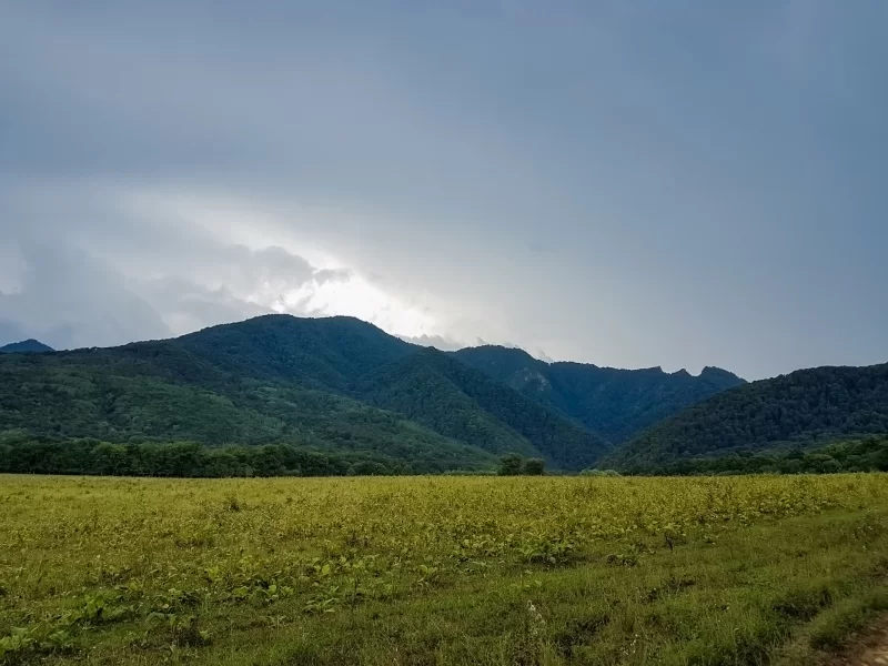 Green mountains and field under cloudy sky