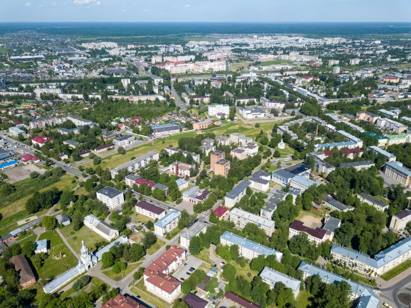 Панорамный вид с воздуха на Великий Новгород.