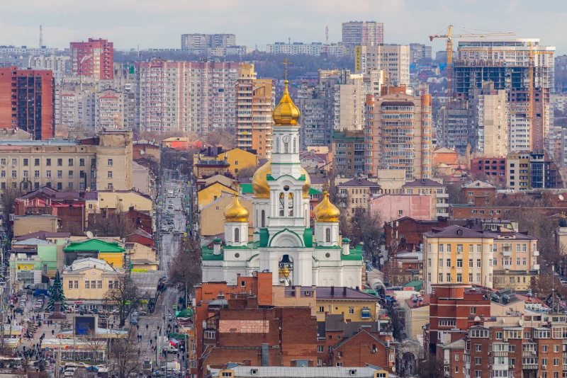 Rostov-on-Don aerial view, central street and cathedral