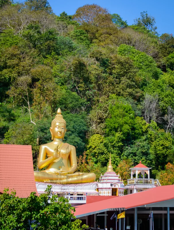 Golden Buddha Statue in Tropical Forest