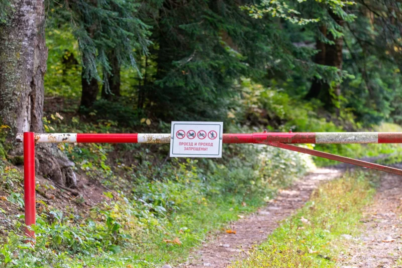 Запретный вход в лес: красный барьер и знак 'Проезд и проход запрещены'