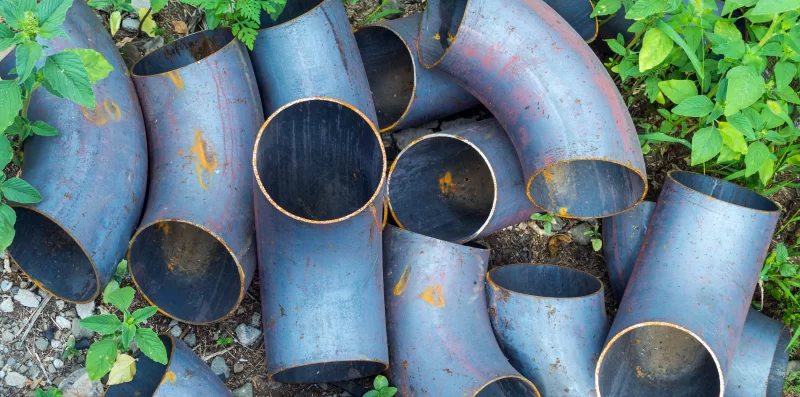 Металлические трубы и фитинги, разбросанные на земле среди зелени
