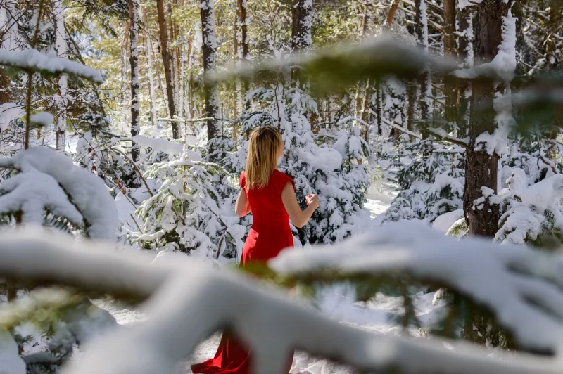 Девушка в красном платье в заснеженном лесу