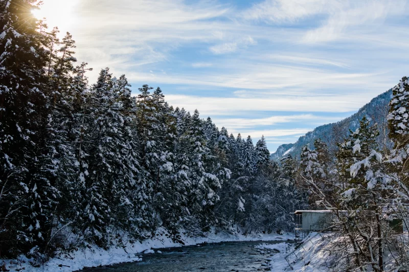 Winter landscape: river, forest and mountains