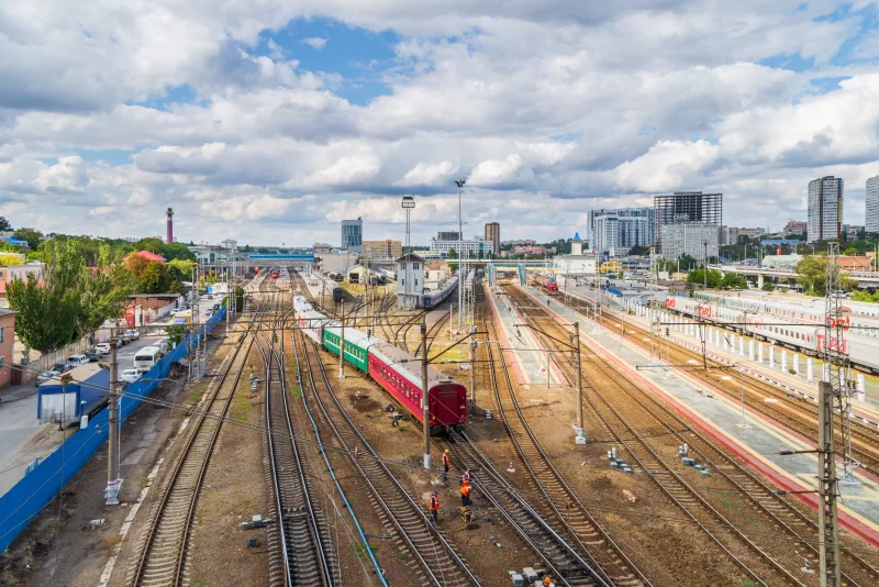 City train station with trains on tracks