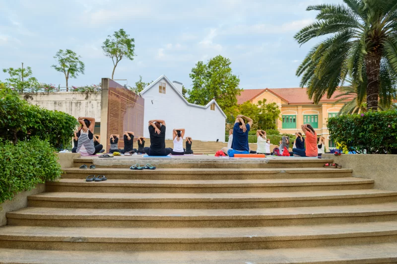 Групповая йога на свежем воздухе в живописном парке