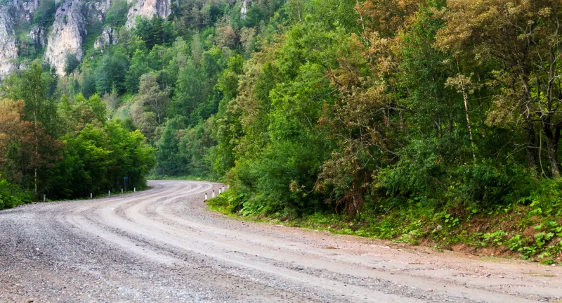 Поворотная грунтовая дорога через зеленый лесной ущелье