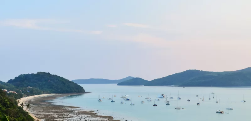 Яхты и лодки на низкой воде в спокойной бухте