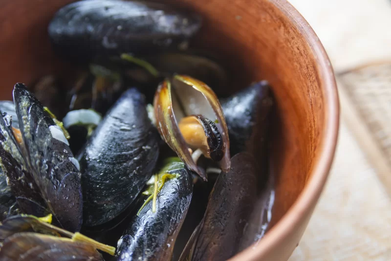 Свежие мидии в глиняной керамической тарелке