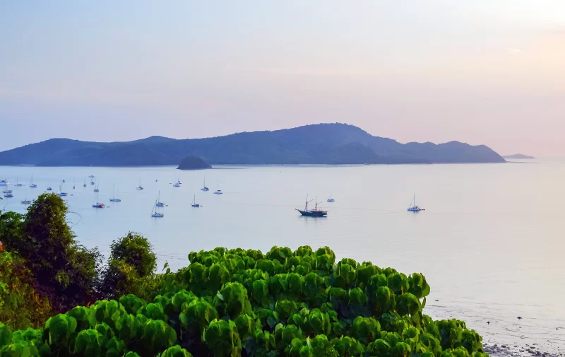 Яхты и лодки на пристани в затихшем заливе