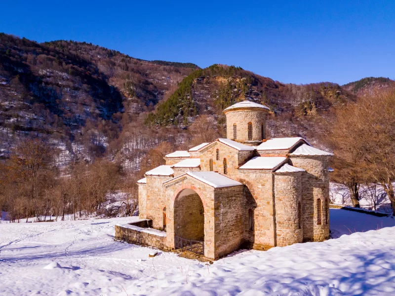 Ancient temple in snowy mountains
