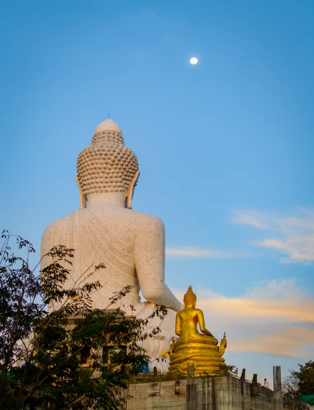 White and Golden Buddha Statues Under Moonlight