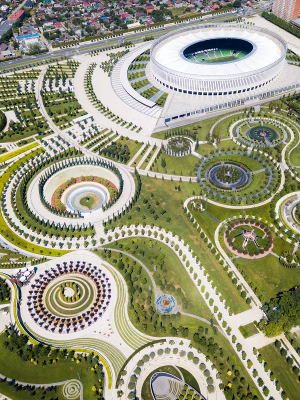 Aerial view of Krasnodar Stadium and Galitsky Park
