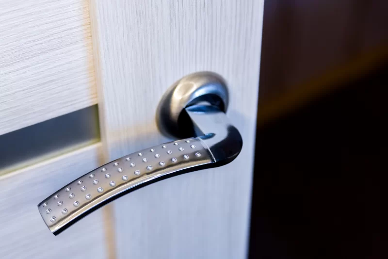 Modern metallic door handle on a white door