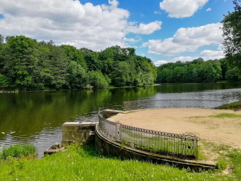 Серенное озеро в зелёном парке под голубым небом с пушистыми облаками