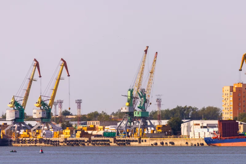 Industrial Port with Cranes and Cargo Ships