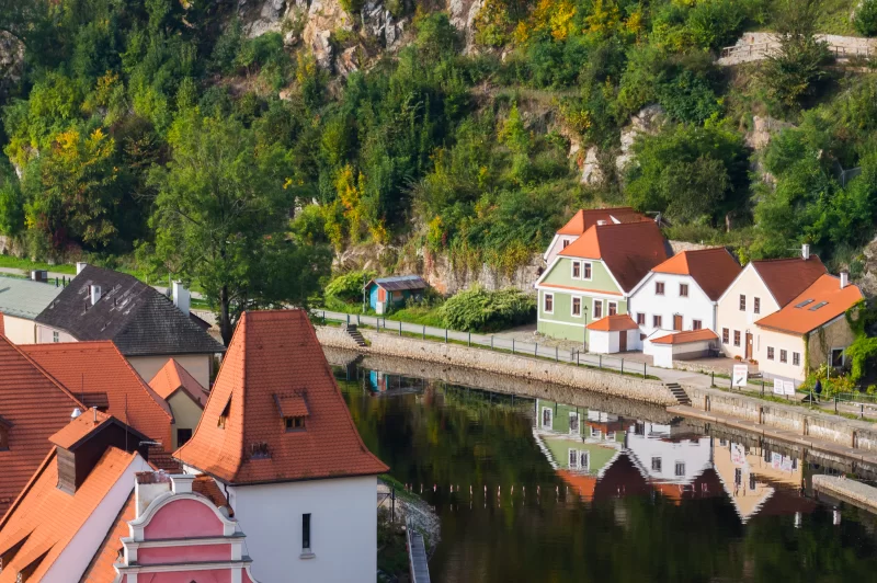 Августовский вид на реку в Чехии, Cesky Krumlov