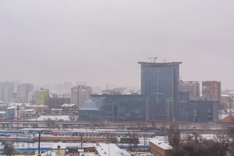 Snowfall time in city landscape.