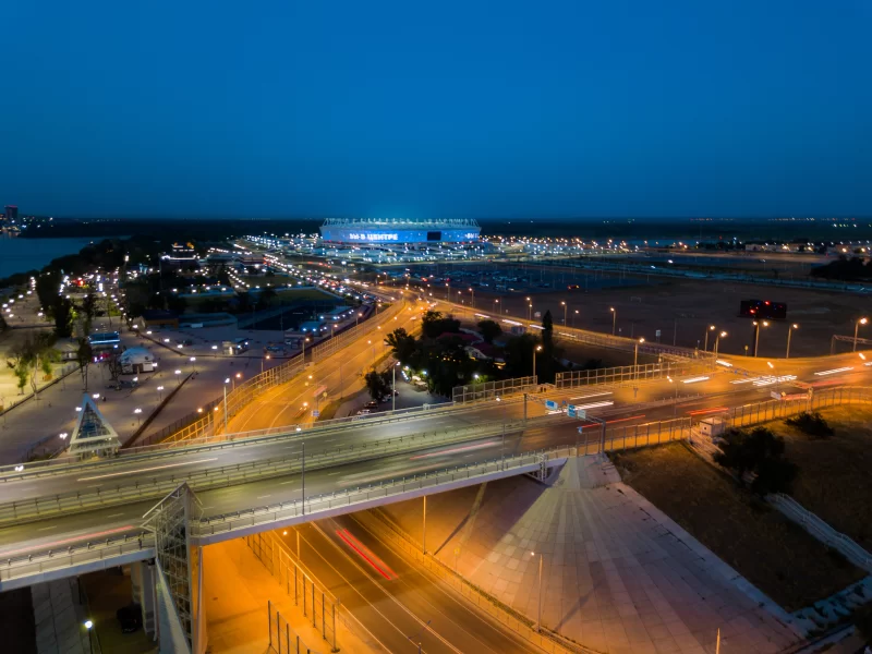 Rostov Arena stadium and the evening city against the Don River backdrop