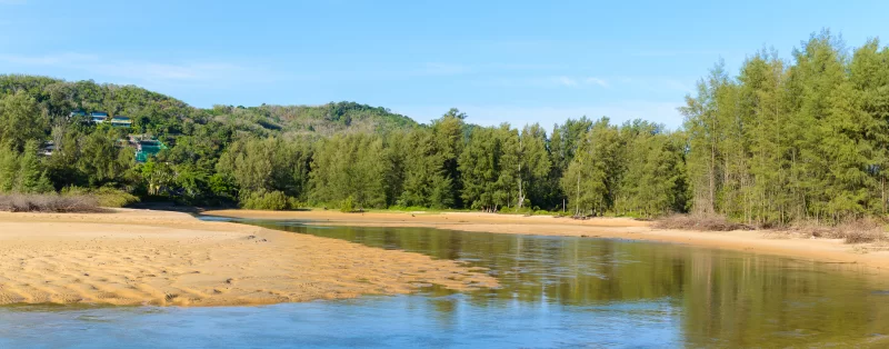 Serene riverbank with modern villas on hillside